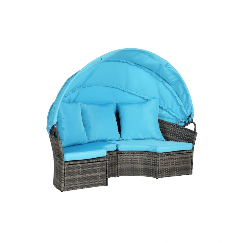 Ensemble de 5 pièces de mobilier d'extérieur pour terrasse, lit de jour rond en osier, ensemble de conversation avec auvent rétractable, coussins moelleux et table escamotable