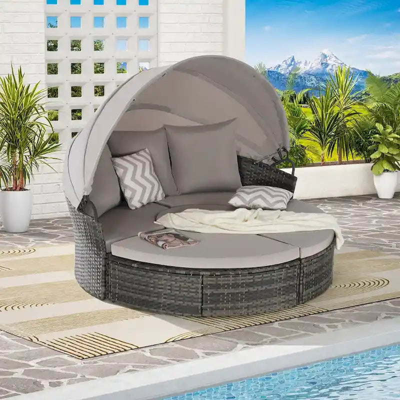 Ensemble de 5 pièces de mobilier d'extérieur pour terrasse, lit de jour rond en osier, ensemble de conversation avec auvent rétractable, coussins moelleux et table escamotable