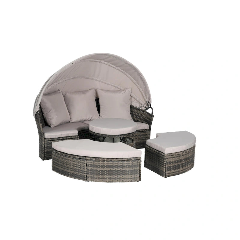 Ensemble de 5 pièces de mobilier d'extérieur pour terrasse, lit de jour rond en osier, ensemble de conversation avec auvent rétractable, coussins moelleux et table escamotable
