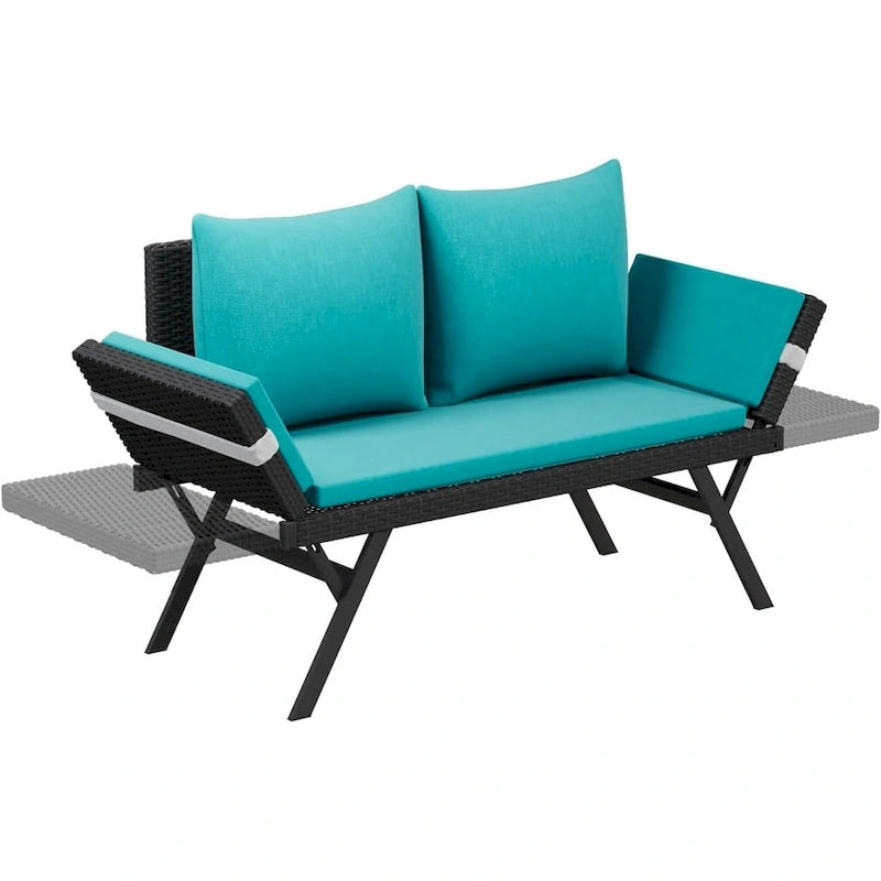 BOSSIN Lit de Repos Convertible en Rotin Tout Temps - Canapé d'Extérieur avec Accoudoirs Réglables et Coussins Imperméables - Patio, Bord de Piscine, Porche
