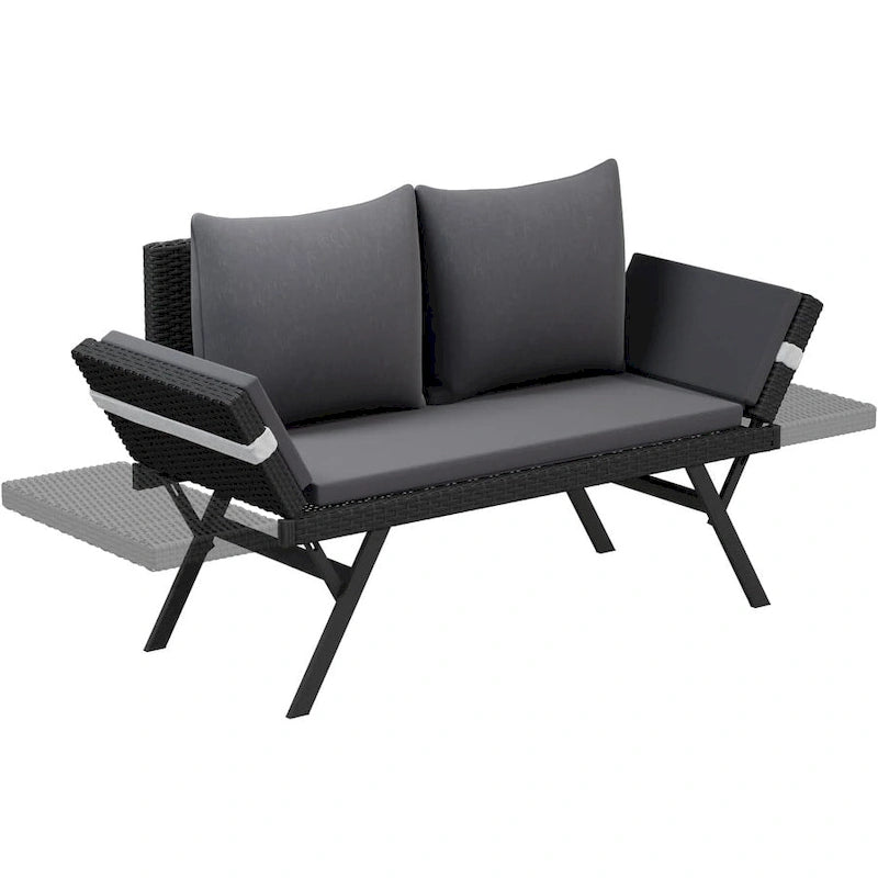 BOSSIN Lit de Repos Convertible en Rotin Tout Temps - Canapé d'Extérieur avec Accoudoirs Réglables et Coussins Imperméables - Patio, Bord de Piscine, Porche