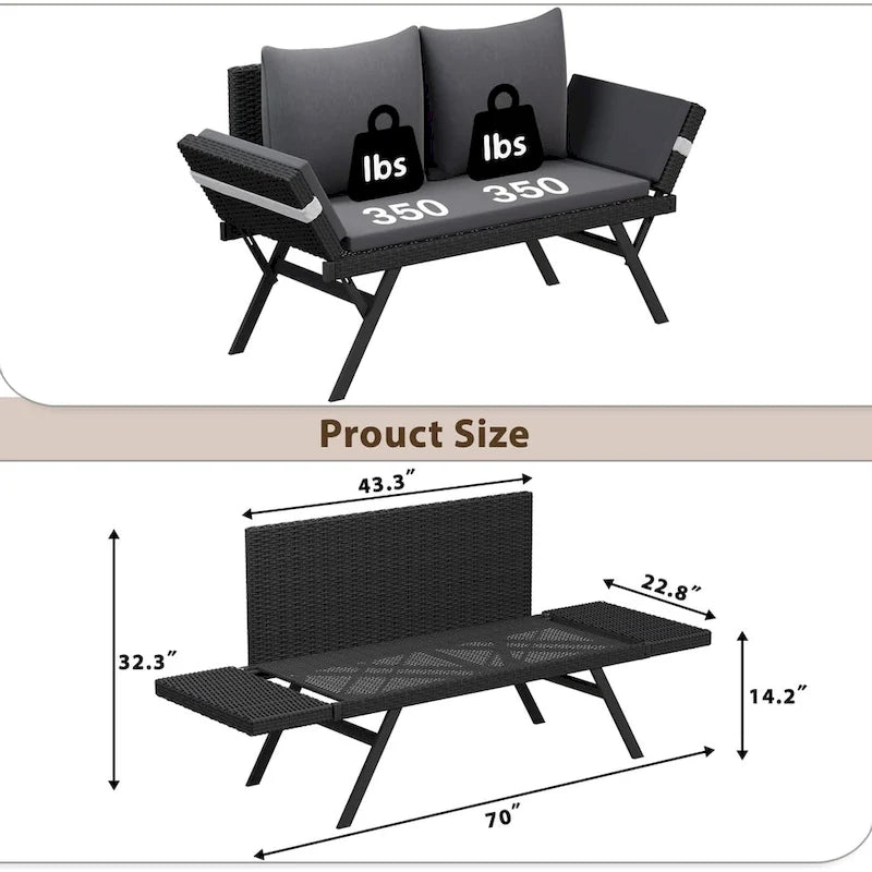 BOSSIN Lit de Repos Convertible en Rotin Tout Temps - Canapé d'Extérieur avec Accoudoirs Réglables et Coussins Imperméables - Patio, Bord de Piscine, Porche