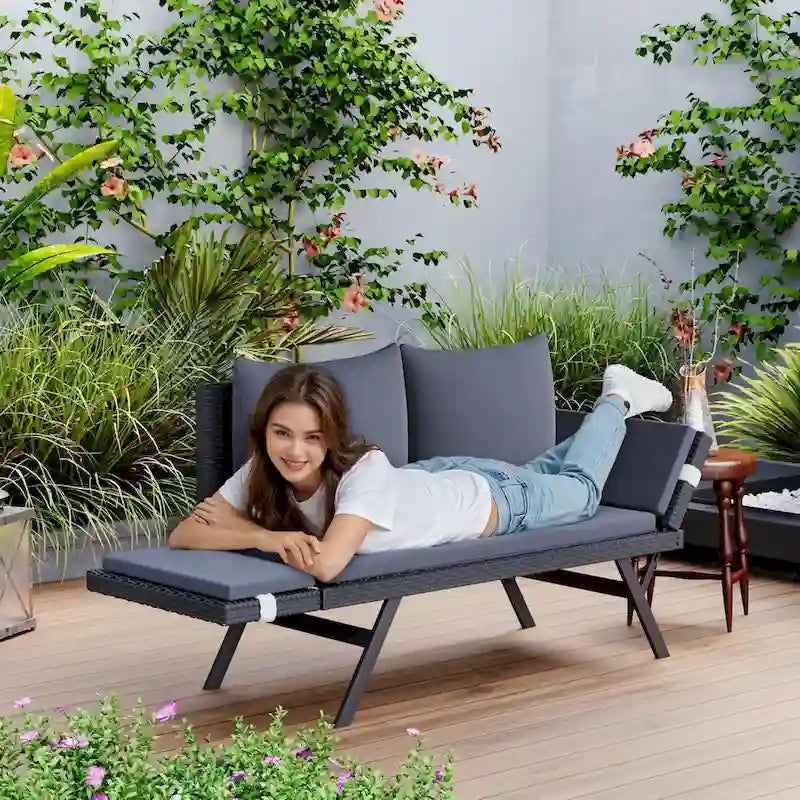 BOSSIN Lit de Repos Convertible en Rotin Tout Temps - Canapé d'Extérieur avec Accoudoirs Réglables et Coussins Imperméables - Patio, Bord de Piscine, Porche