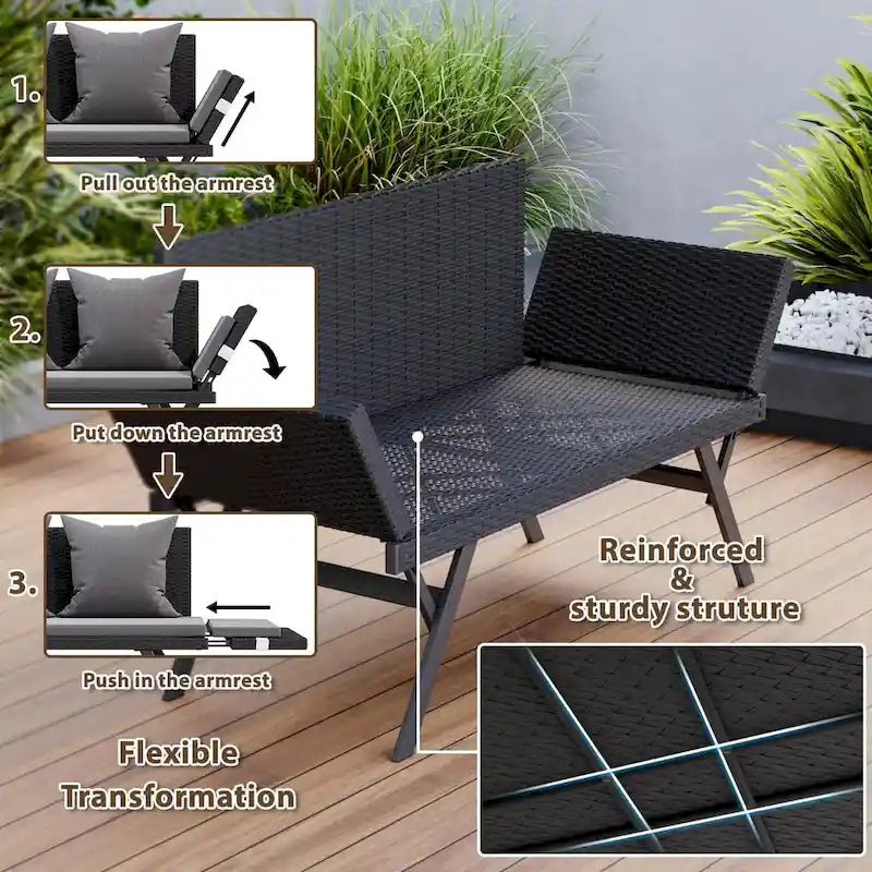 BOSSIN Lit de Repos Convertible en Rotin Tout Temps - Canapé d'Extérieur avec Accoudoirs Réglables et Coussins Imperméables - Patio, Bord de Piscine, Porche