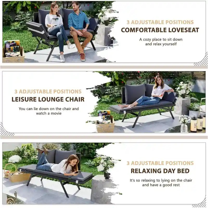 BOSSIN Lit de Repos Convertible en Rotin Tout Temps - Canapé d'Extérieur avec Accoudoirs Réglables et Coussins Imperméables - Patio, Bord de Piscine, Porche