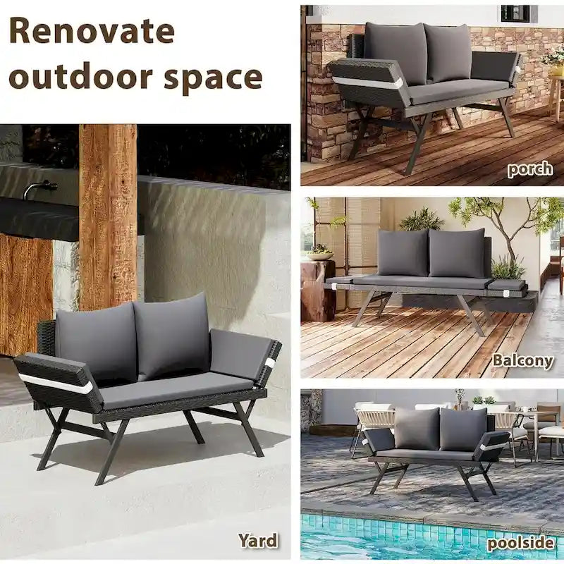 BOSSIN Lit de Repos Convertible en Rotin Tout Temps - Canapé d'Extérieur avec Accoudoirs Réglables et Coussins Imperméables - Patio, Bord de Piscine, Porche