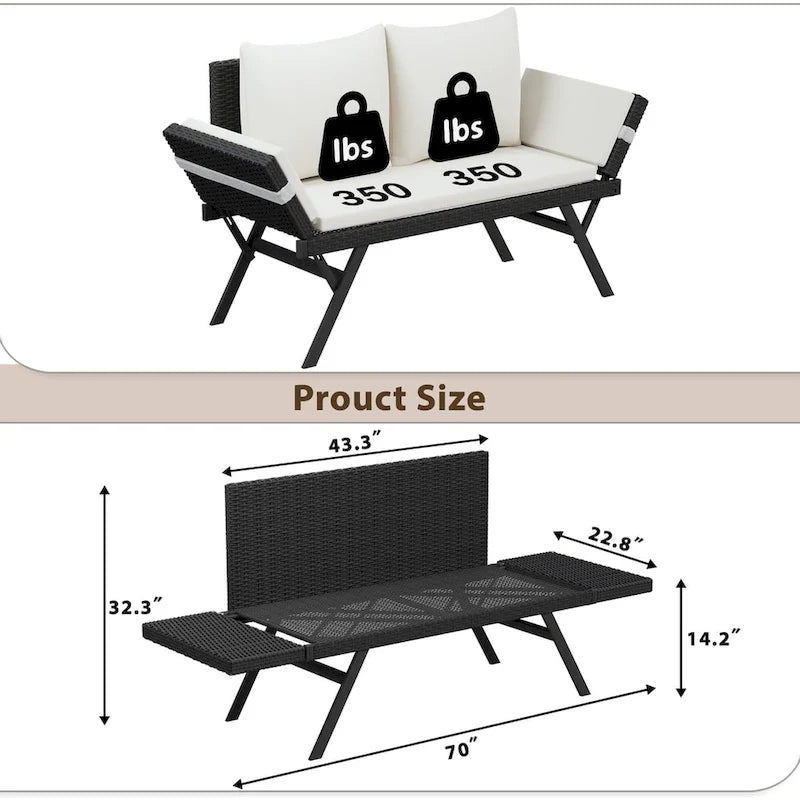 BOSSIN Lit de Repos Convertible en Rotin Tout Temps - Canapé d'Extérieur avec Accoudoirs Réglables et Coussins Imperméables - Patio, Bord de Piscine, Porche