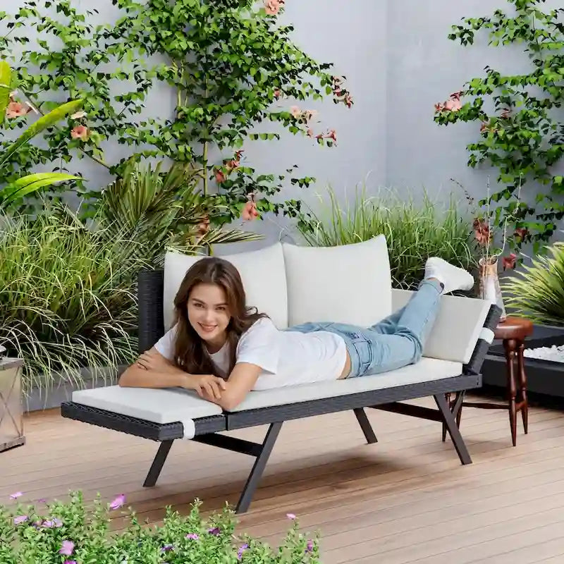BOSSIN Lit de Repos Convertible en Rotin Tout Temps - Canapé d'Extérieur avec Accoudoirs Réglables et Coussins Imperméables - Patio, Bord de Piscine, Porche