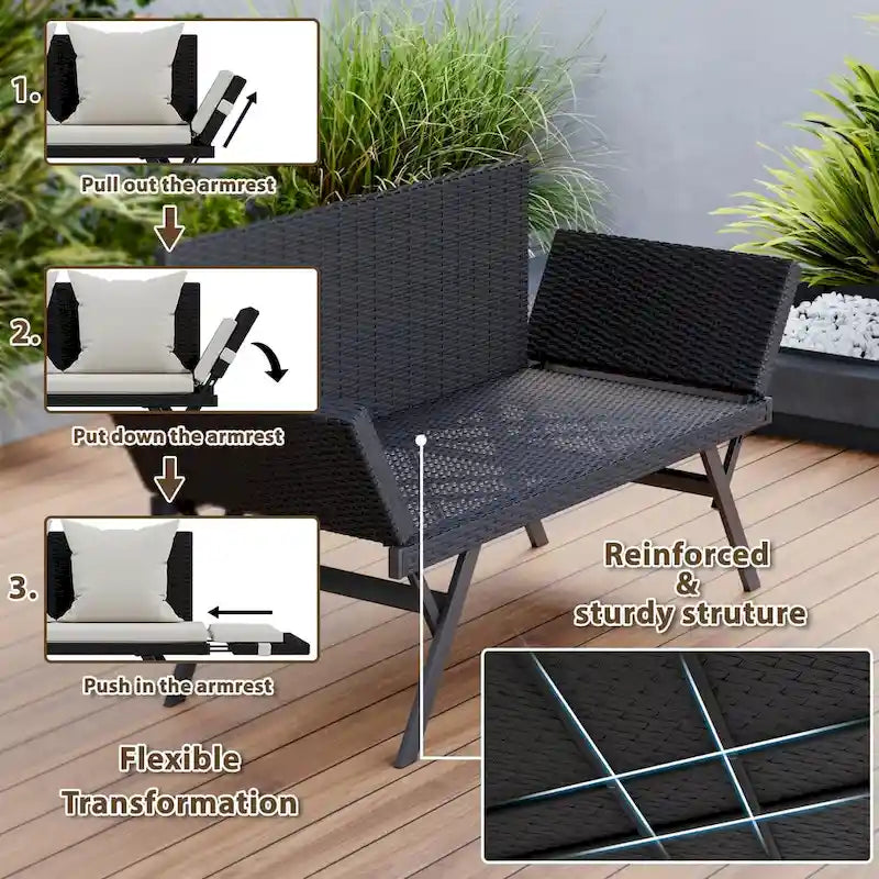BOSSIN Lit de Repos Convertible en Rotin Tout Temps - Canapé d'Extérieur avec Accoudoirs Réglables et Coussins Imperméables - Patio, Bord de Piscine, Porche