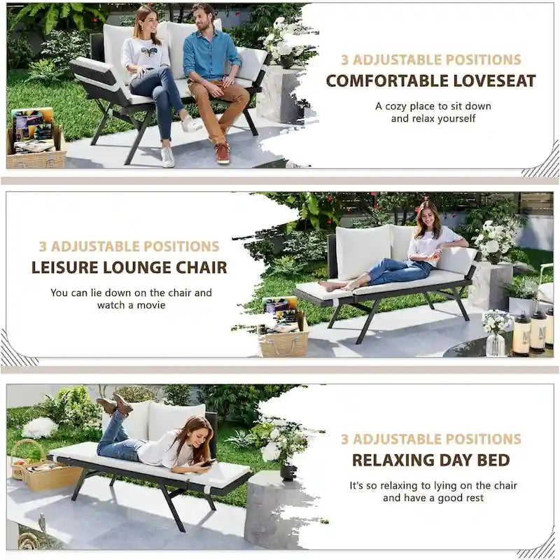 BOSSIN Lit de Repos Convertible en Rotin Tout Temps - Canapé d'Extérieur avec Accoudoirs Réglables et Coussins Imperméables - Patio, Bord de Piscine, Porche