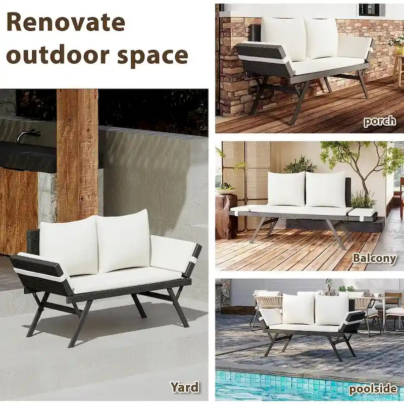 BOSSIN Lit de Repos Convertible en Rotin Tout Temps - Canapé d'Extérieur avec Accoudoirs Réglables et Coussins Imperméables - Patio, Bord de Piscine, Porche