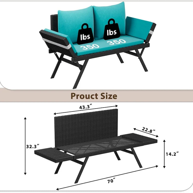 BOSSIN Lit de Repos Convertible en Rotin Tout Temps - Canapé d'Extérieur avec Accoudoirs Réglables et Coussins Imperméables - Patio, Bord de Piscine, Porche