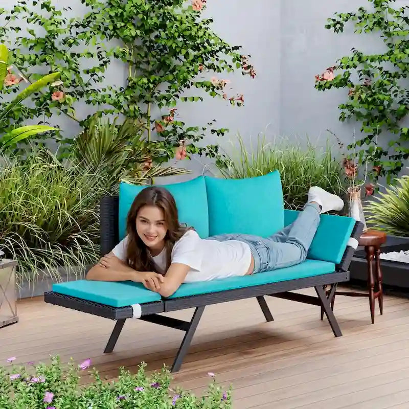 BOSSIN Lit de Repos Convertible en Rotin Tout Temps - Canapé d'Extérieur avec Accoudoirs Réglables et Coussins Imperméables - Patio, Bord de Piscine, Porche