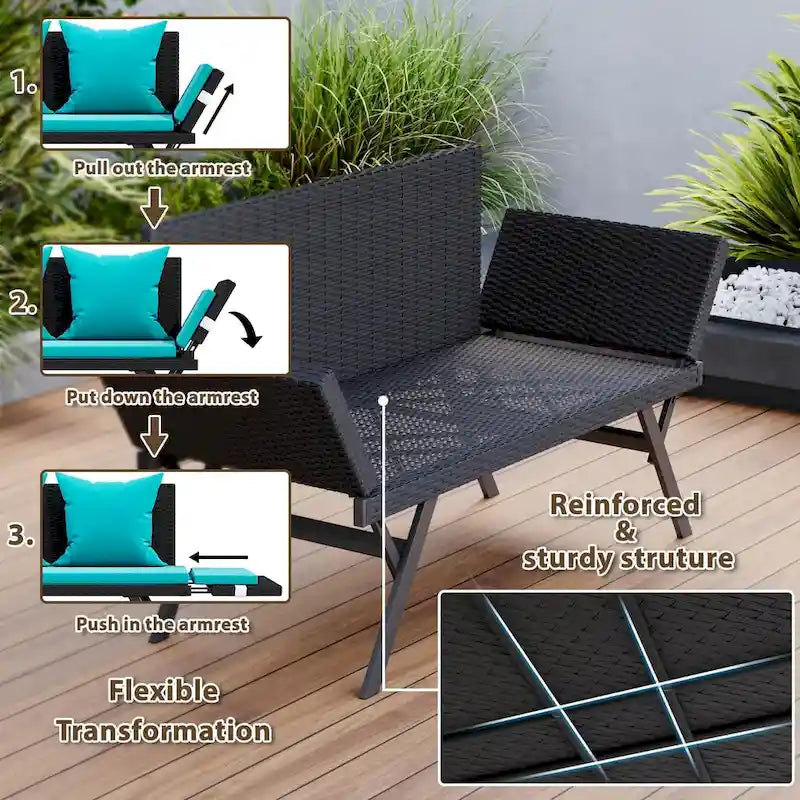 BOSSIN Lit de Repos Convertible en Rotin Tout Temps - Canapé d'Extérieur avec Accoudoirs Réglables et Coussins Imperméables - Patio, Bord de Piscine, Porche