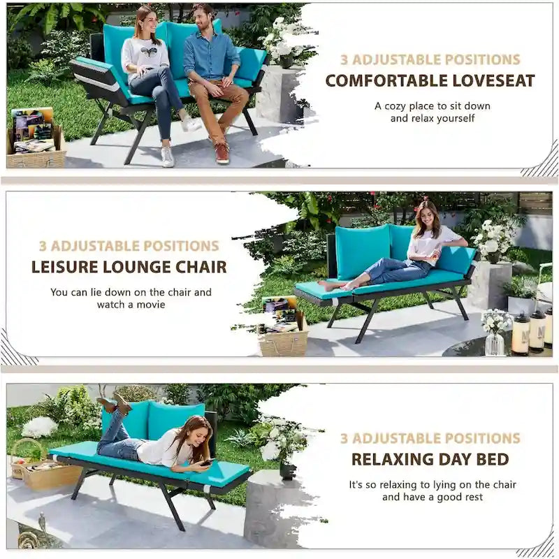 BOSSIN Lit de Repos Convertible en Rotin Tout Temps - Canapé d'Extérieur avec Accoudoirs Réglables et Coussins Imperméables - Patio, Bord de Piscine, Porche