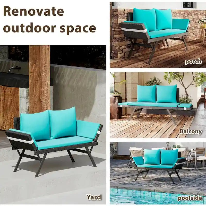 BOSSIN Lit de Repos Convertible en Rotin Tout Temps - Canapé d'Extérieur avec Accoudoirs Réglables et Coussins Imperméables - Patio, Bord de Piscine, Porche