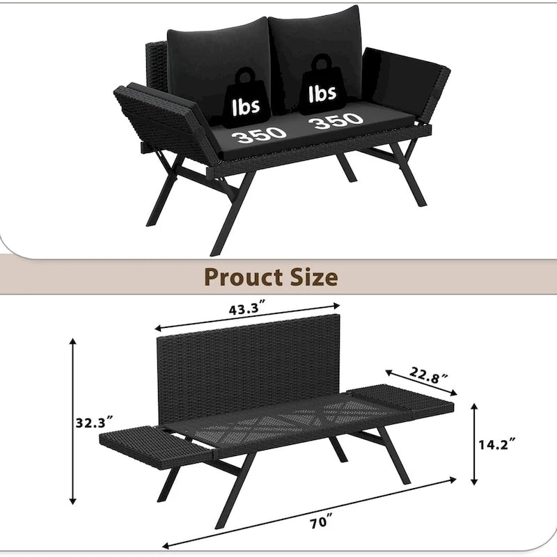 BOSSIN Lit de Repos Convertible en Rotin Tout Temps - Canapé d'Extérieur avec Accoudoirs Réglables et Coussins Imperméables - Patio, Bord de Piscine, Porche