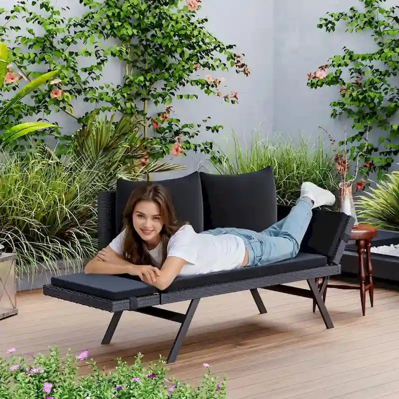 BOSSIN Lit de Repos Convertible en Rotin Tout Temps - Canapé d'Extérieur avec Accoudoirs Réglables et Coussins Imperméables - Patio, Bord de Piscine, Porche