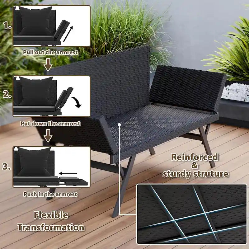BOSSIN Lit de Repos Convertible en Rotin Tout Temps - Canapé d'Extérieur avec Accoudoirs Réglables et Coussins Imperméables - Patio, Bord de Piscine, Porche