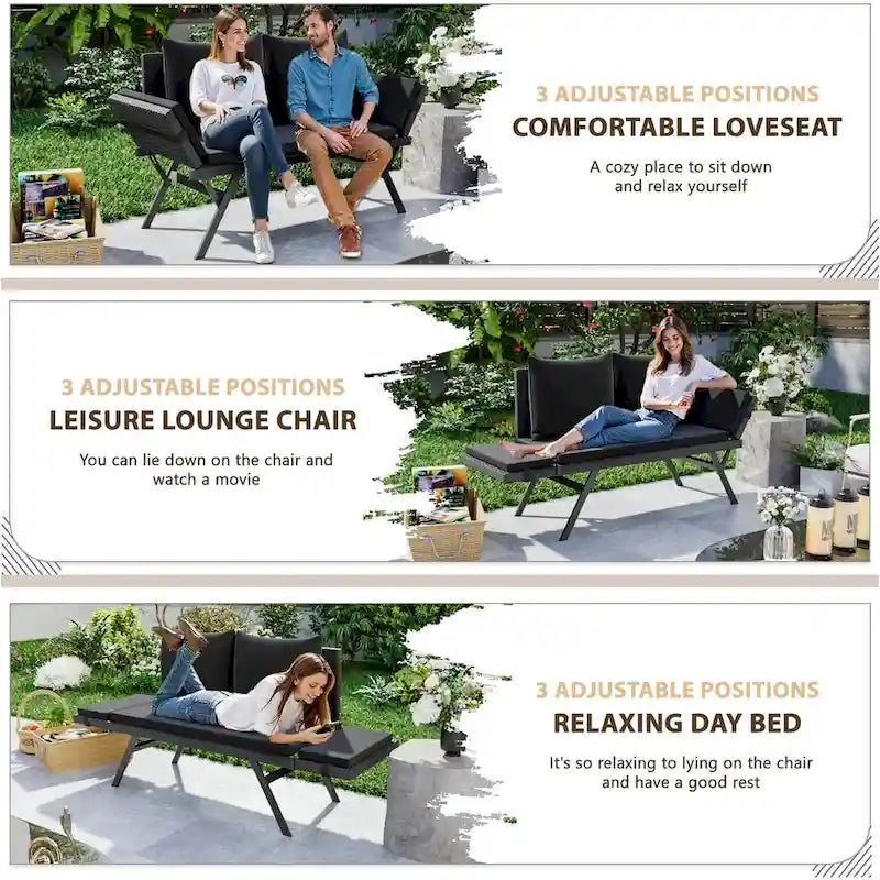 BOSSIN Lit de Repos Convertible en Rotin Tout Temps - Canapé d'Extérieur avec Accoudoirs Réglables et Coussins Imperméables - Patio, Bord de Piscine, Porche