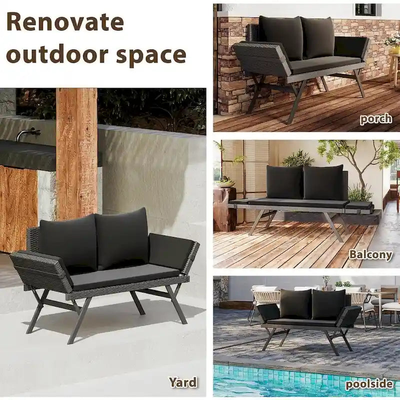BOSSIN Lit de Repos Convertible en Rotin Tout Temps - Canapé d'Extérieur avec Accoudoirs Réglables et Coussins Imperméables - Patio, Bord de Piscine, Porche