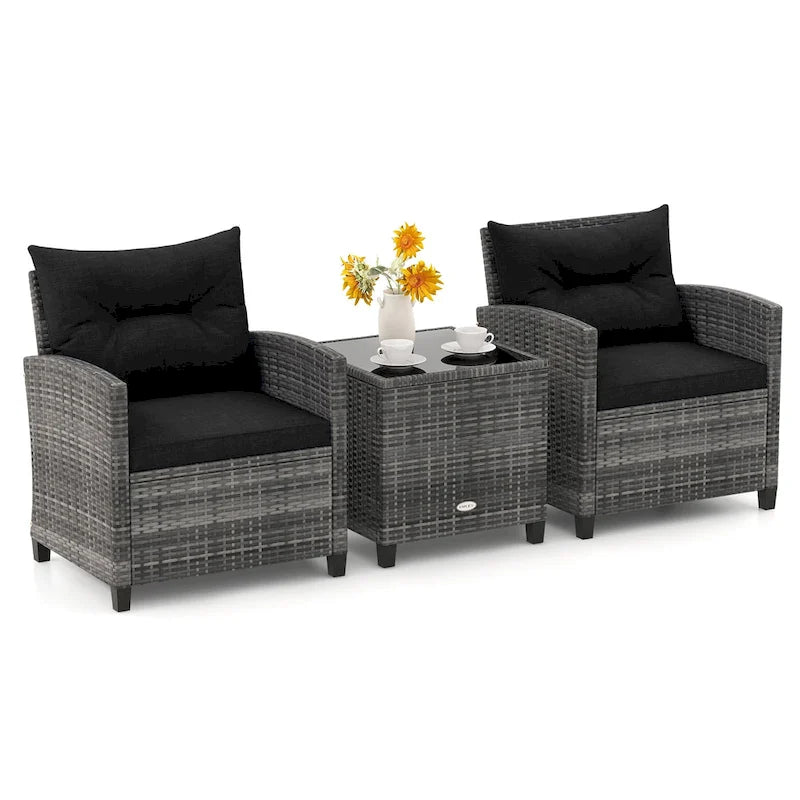 Ensemble de 3 meubles de bistrot en rotin Gymax avec canapés capitonnés et table d'appoint