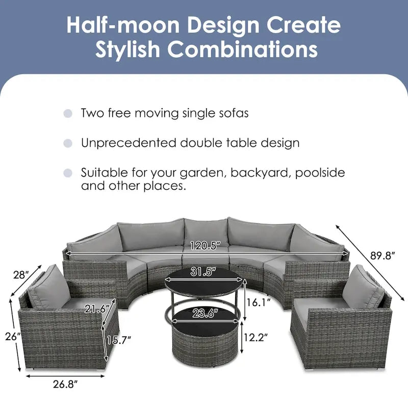 Ensemble de mobilier de jardin en rotin 9 pièces pour conversations en extérieur