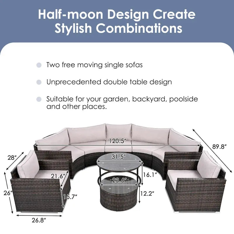 Ensemble de mobilier de jardin en rotin 9 pièces pour conversations en extérieur