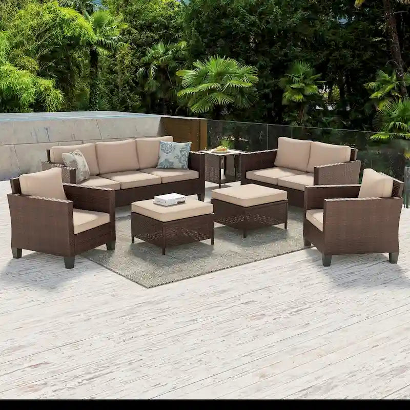 Ensemble de meubles 7 pièces Livoosun avec causeuse, fauteuil en rotin tressé en PE résistant aux intempéries, canapé de conversation pour terrasse avec coussin