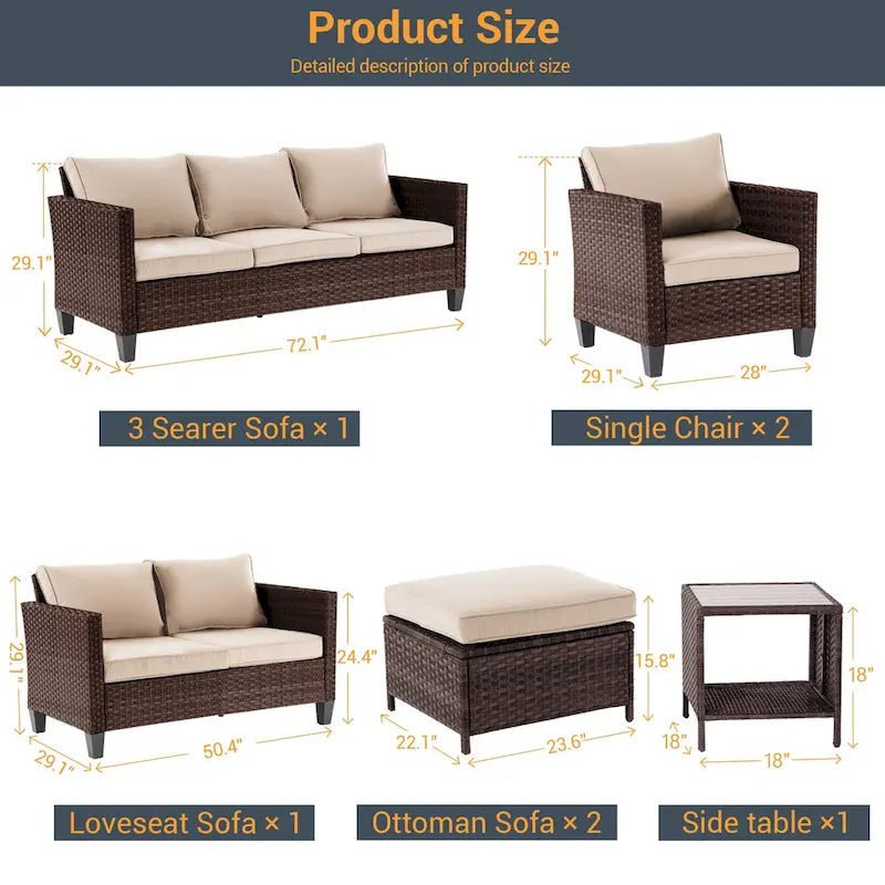 Ensemble de meubles 7 pièces Livoosun avec causeuse, fauteuil en rotin tressé en PE résistant aux intempéries, canapé de conversation pour terrasse avec coussin
