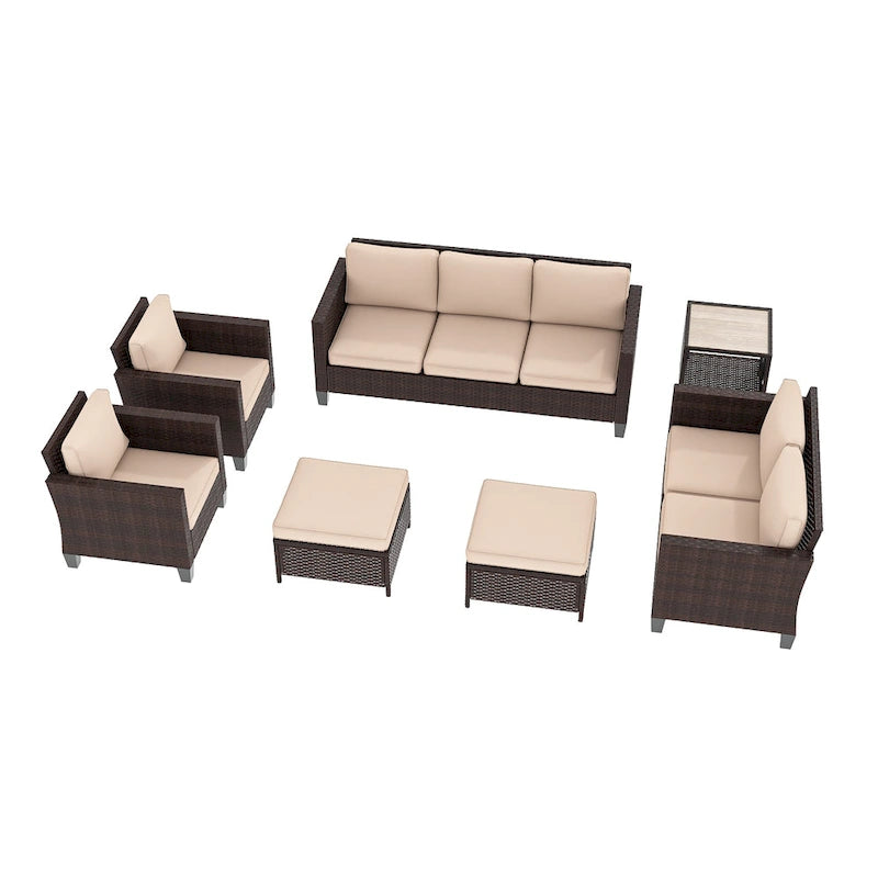 Ensemble de meubles 7 pièces Livoosun avec causeuse, fauteuil en rotin tressé en PE résistant aux intempéries, canapé de conversation pour terrasse avec coussin
