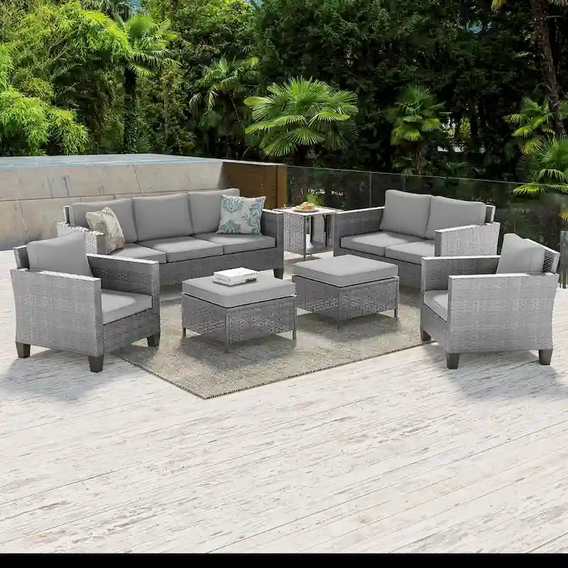 Ensemble de meubles 7 pièces Livoosun avec causeuse, fauteuil en rotin tressé en PE résistant aux intempéries, canapé de conversation pour terrasse avec coussin