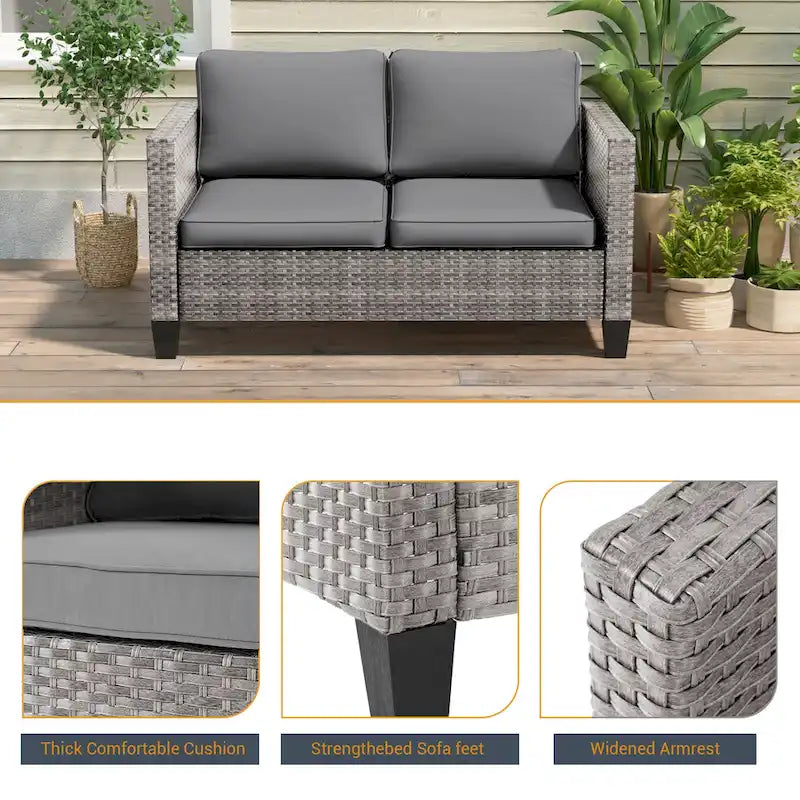 Ensemble de meubles 7 pièces Livoosun avec causeuse, fauteuil en rotin tressé en PE résistant aux intempéries, canapé de conversation pour terrasse avec coussin