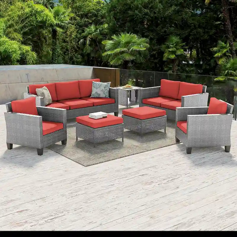 Ensemble de meubles 7 pièces Livoosun avec causeuse, fauteuil en rotin tressé en PE résistant aux intempéries, canapé de conversation pour terrasse avec coussin