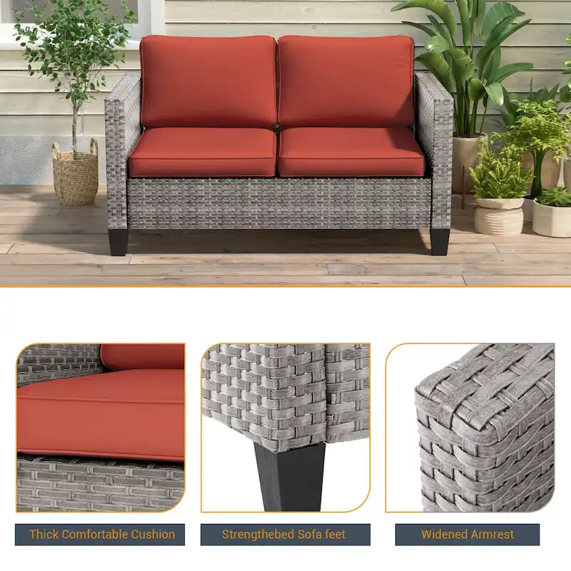 Ensemble de meubles 7 pièces Livoosun avec causeuse, fauteuil en rotin tressé en PE résistant aux intempéries, canapé de conversation pour terrasse avec coussin