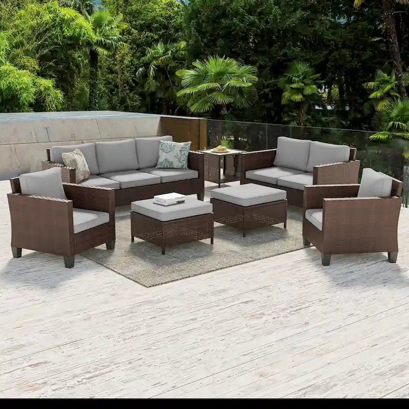Ensemble de meubles 7 pièces Livoosun avec causeuse, fauteuil en rotin tressé en PE résistant aux intempéries, canapé de conversation pour terrasse avec coussin