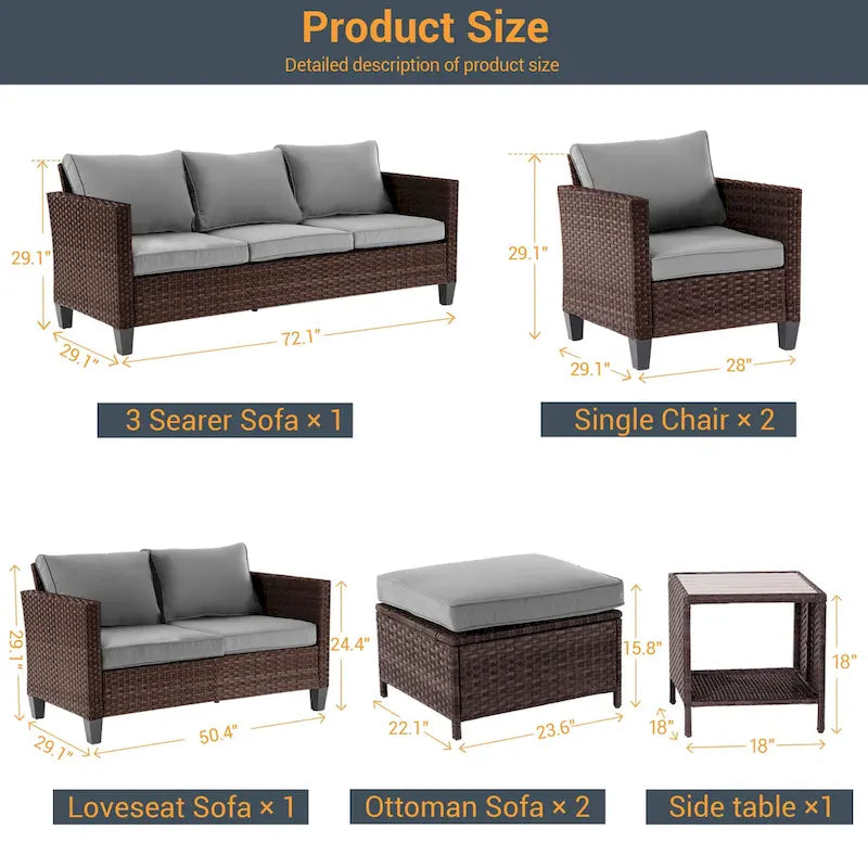 Ensemble de meubles 7 pièces Livoosun avec causeuse, fauteuil en rotin tressé en PE résistant aux intempéries, canapé de conversation pour terrasse avec coussin