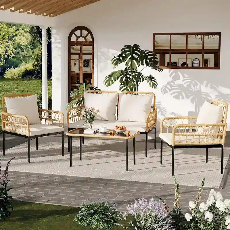 Ensemble de meubles de patio en rotin osier 4 pièces avec table basse en verre pour balcon