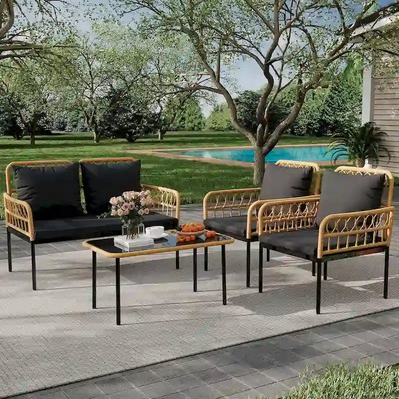Ensemble de meubles de patio en rotin osier 4 pièces avec table basse en verre pour balcon
