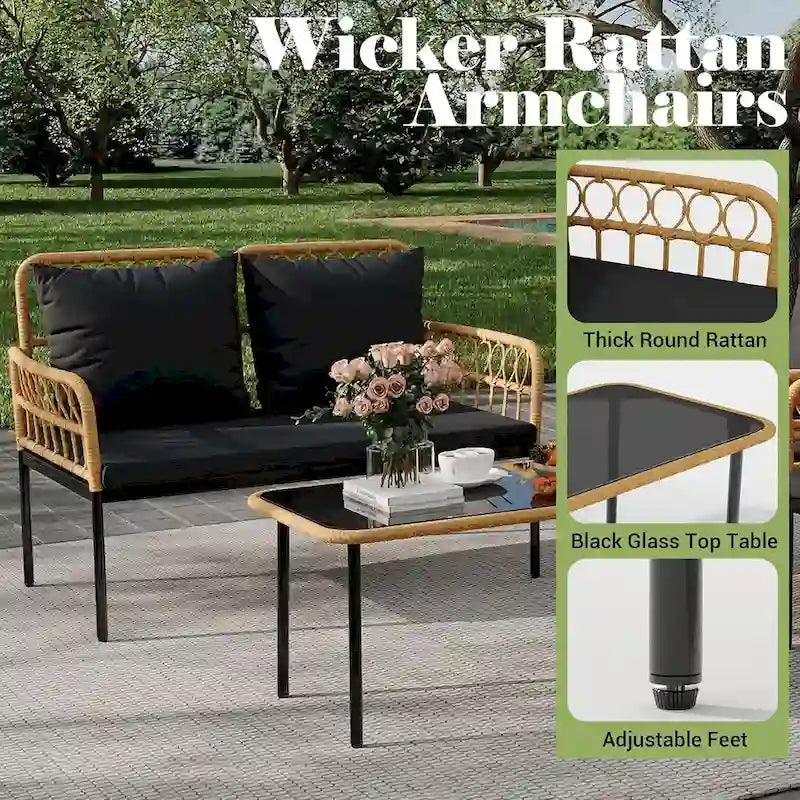 Ensemble de meubles de patio en rotin osier 4 pièces avec table basse en verre pour balcon