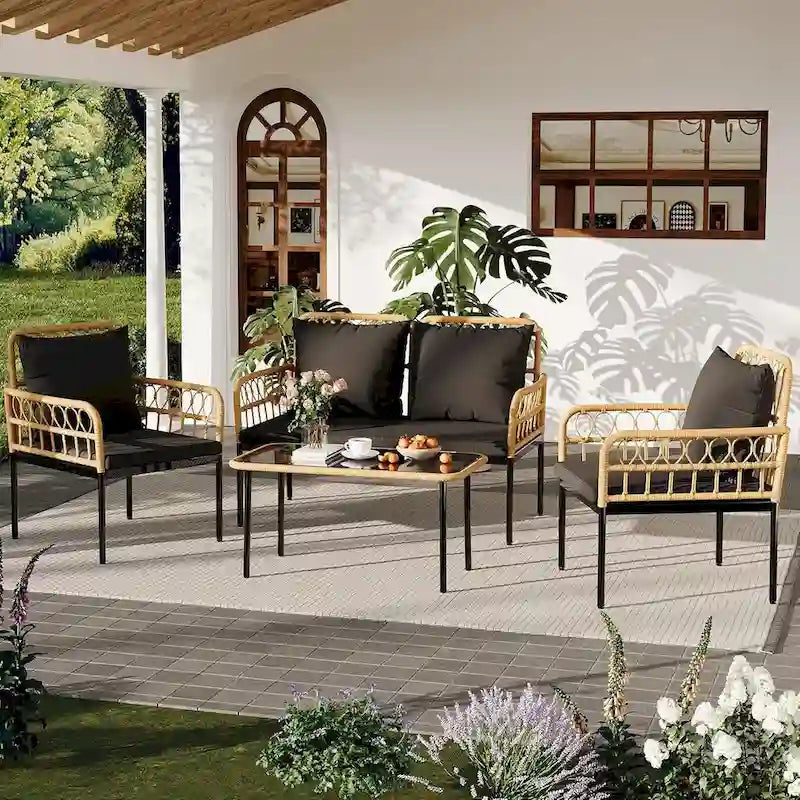 Ensemble de meubles de patio en rotin osier 4 pièces avec table basse en verre pour balcon