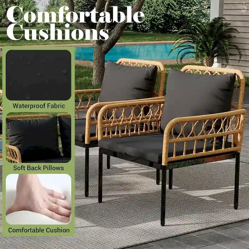 Ensemble de meubles de patio en rotin osier 4 pièces avec table basse en verre pour balcon