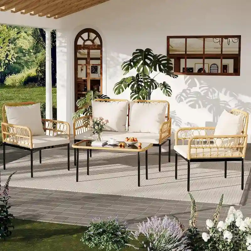 Ensemble de meubles de patio en rotin osier 4 pièces avec table basse en verre pour balcon