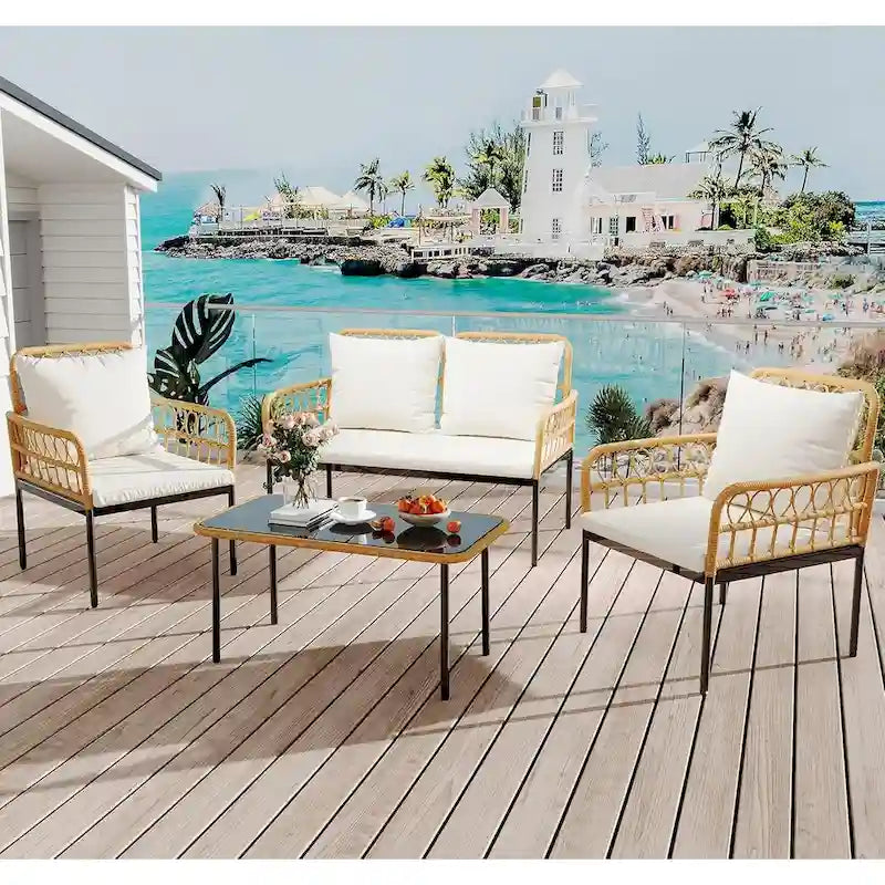 Ensemble de meubles de patio en rotin osier 4 pièces avec table basse en verre pour balcon