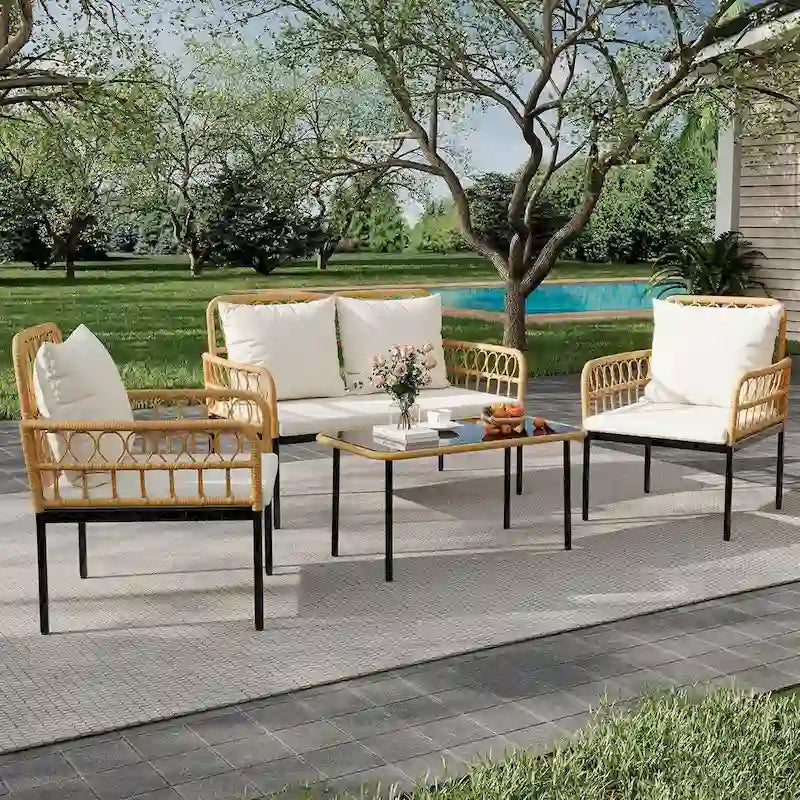 Ensemble de meubles de patio en rotin osier 4 pièces avec table basse en verre pour balcon