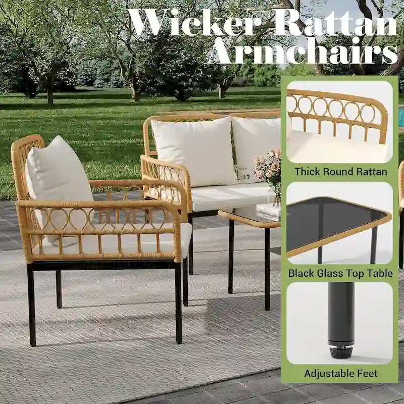 Ensemble de meubles de patio en rotin osier 4 pièces avec table basse en verre pour balcon