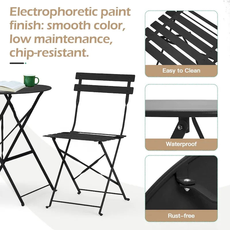 EROMMY Salon de Bistro 3 Pièces pour Extérieur, Table et Chaises de Jardin Pliables, Résistant à la Rouille, Léger pour Balcon