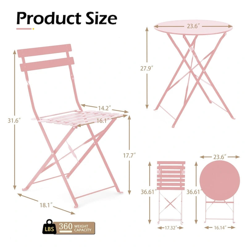 EROMMY Salon de Bistro 3 Pièces pour Extérieur, Table et Chaises de Jardin Pliables, Résistant à la Rouille, Léger pour Balcon