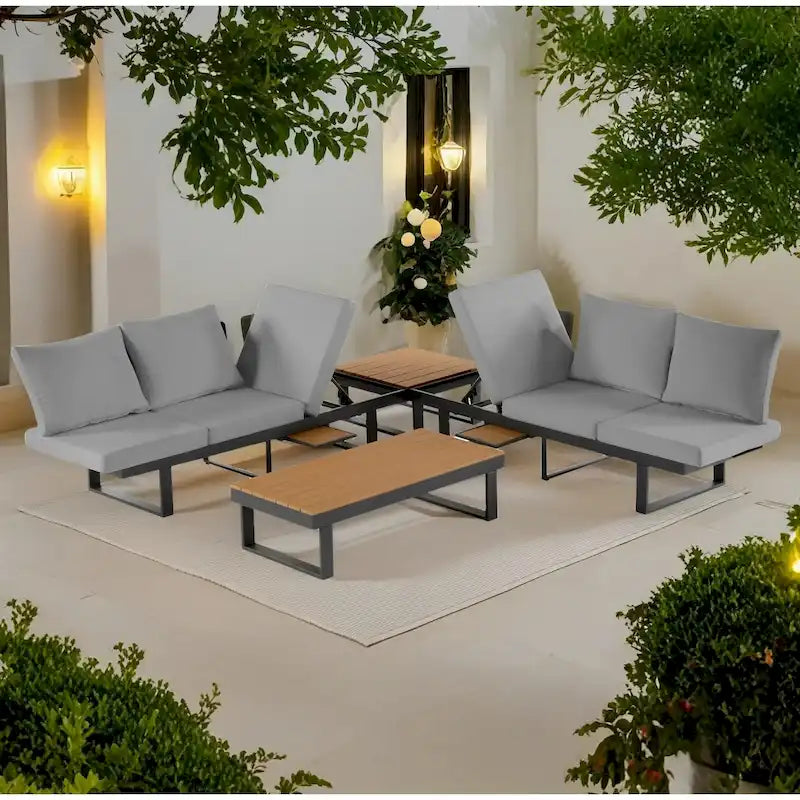 Ensemble de canapé d'angle modulable d'extérieur avec table basse, table d'appoint et sièges inclinables ajustables
