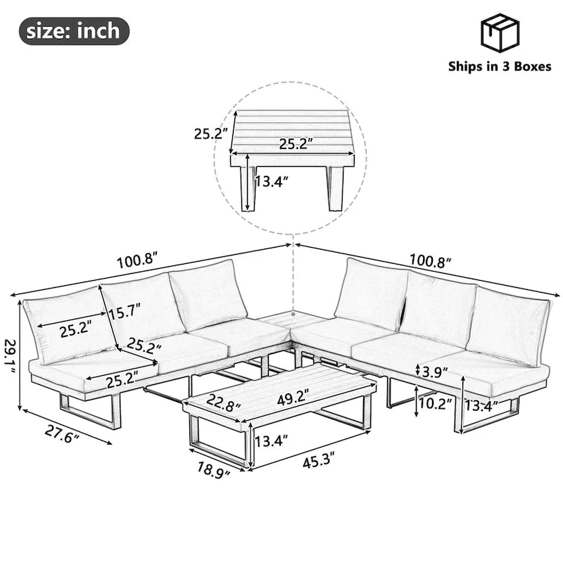 Ensemble de canapé d'angle modulable d'extérieur avec table basse, table d'appoint et sièges inclinables ajustables